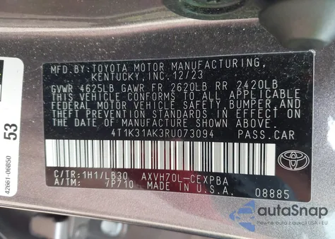 2024 Toyota Camry Hybrid Xse z USA, uszkodzony, nr VIN 4T1K31AK3RU073094